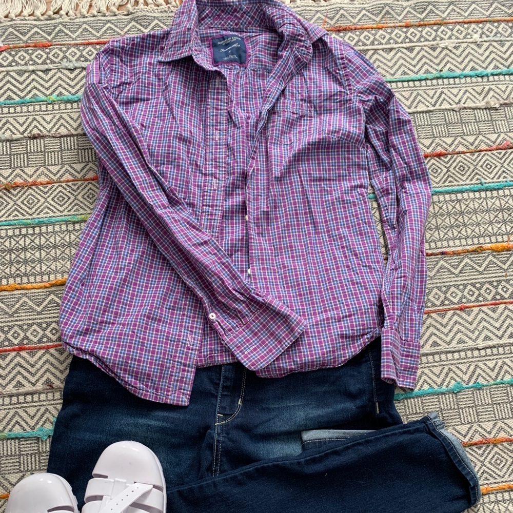 Purple plaid button down shirt